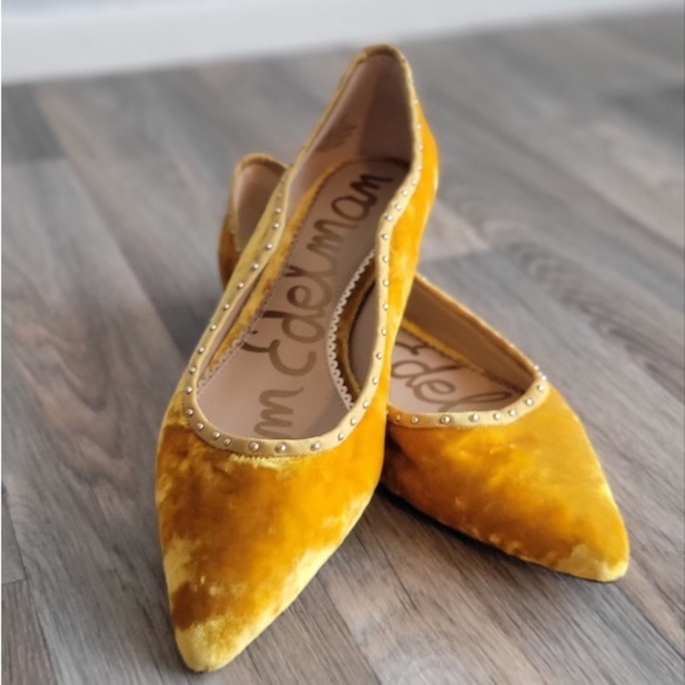 Gold Velvet Sam Edelman Studded Pointy Toe Flats